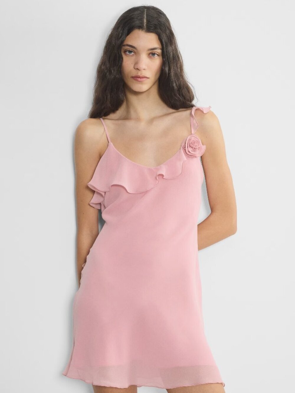 Aritzia Wilfred Engage Chiffon Ruffled Mini Dress Opera Rose Pink Size Medium